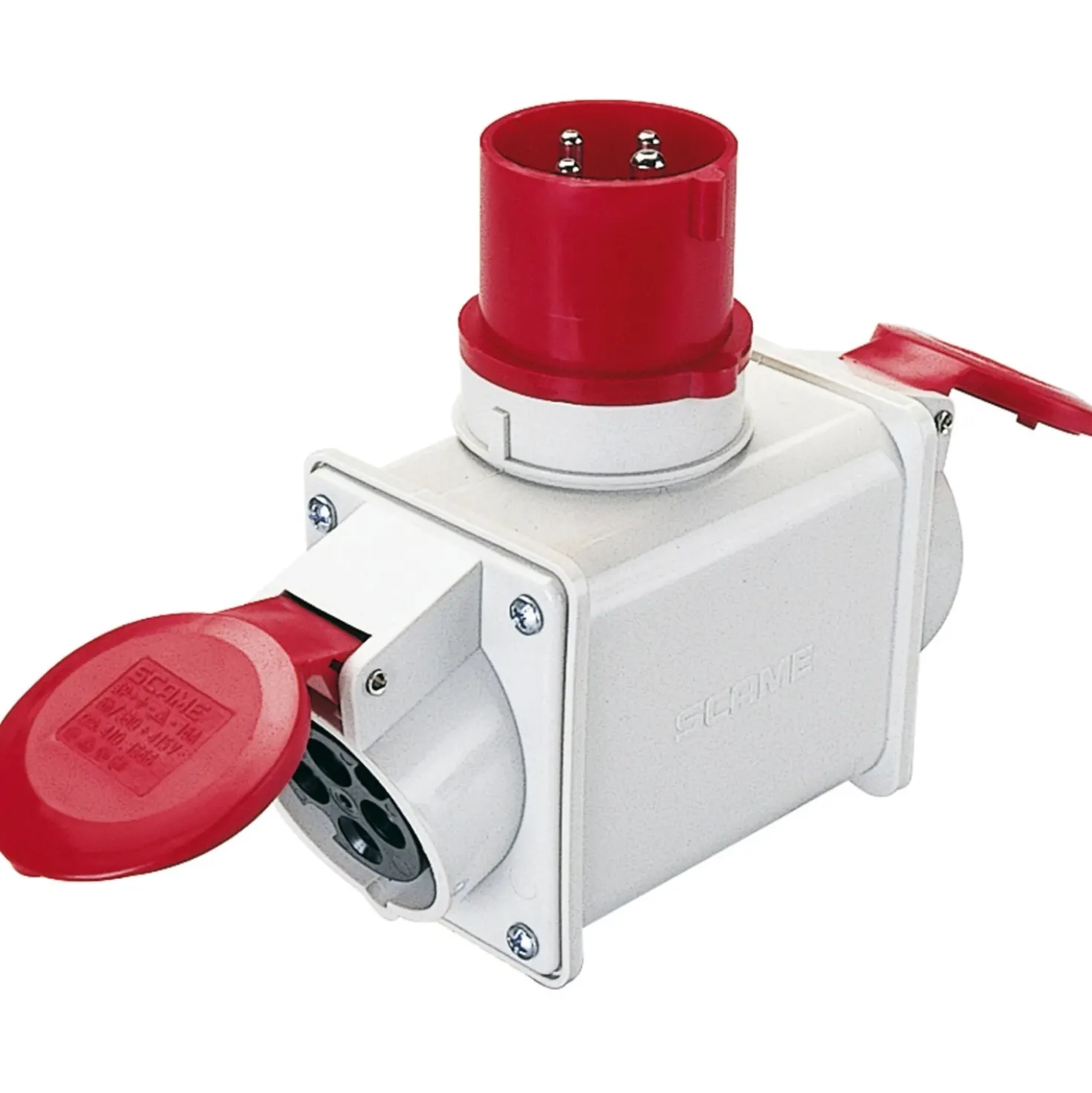 Adattatore industriale doppio spina e 2 prese 16 A 3P+T IP44 rosso