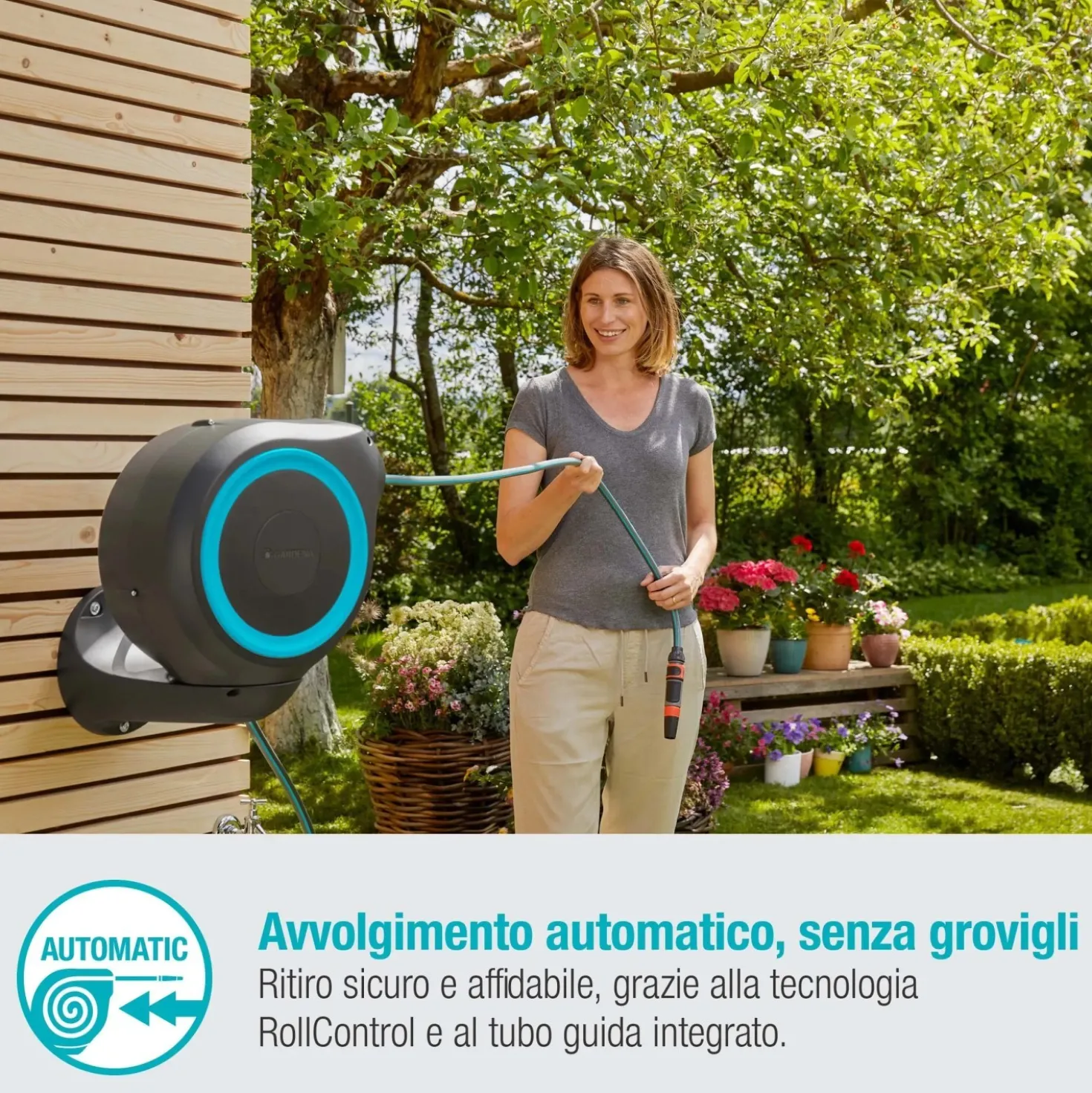 Avvolgitubo da parete automatico Rollup S Gardena tubo da 15 m Ø 11 mm