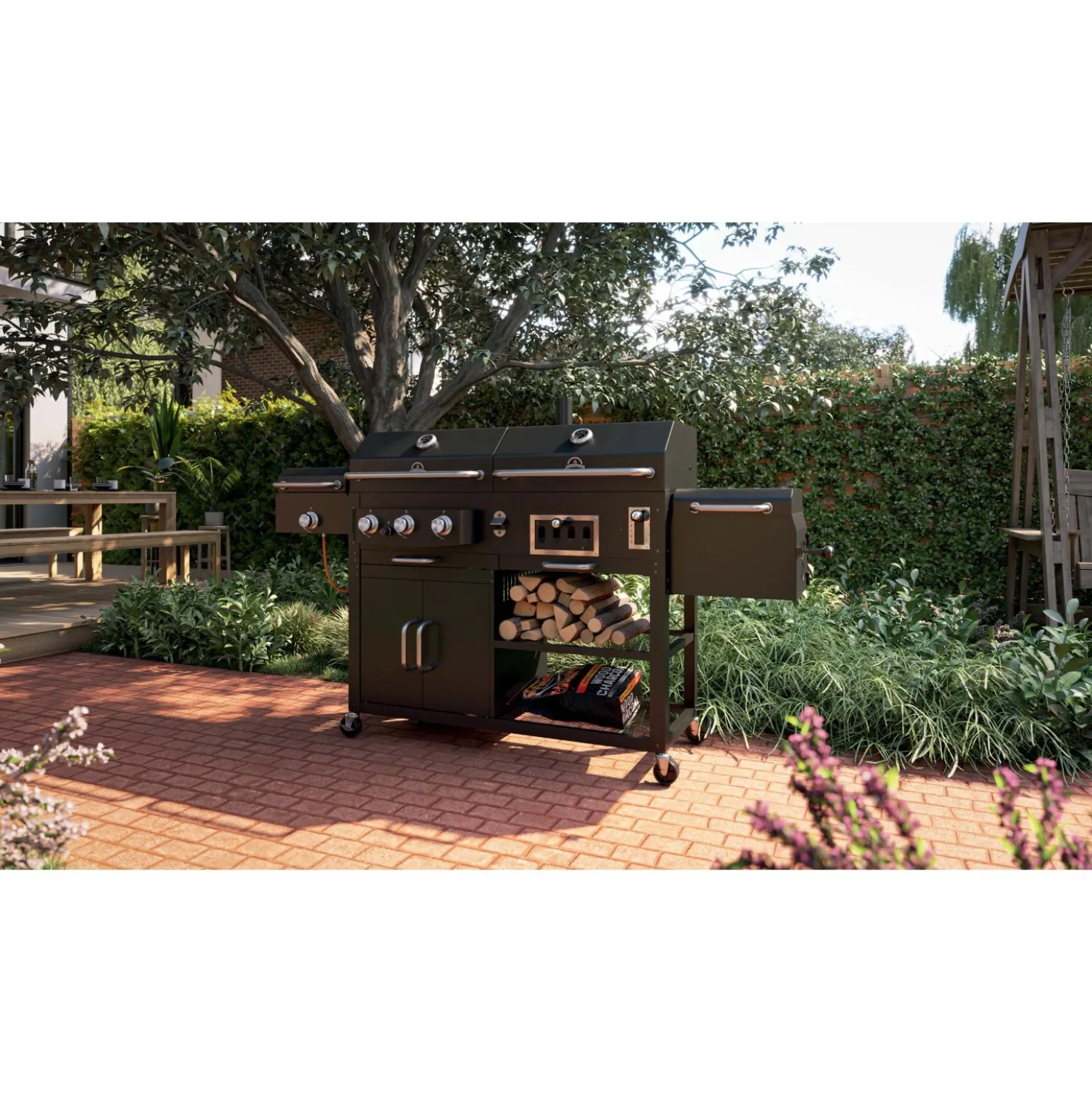Barbecue a gas e carbonella Jamestown Drake nero con affumicatore