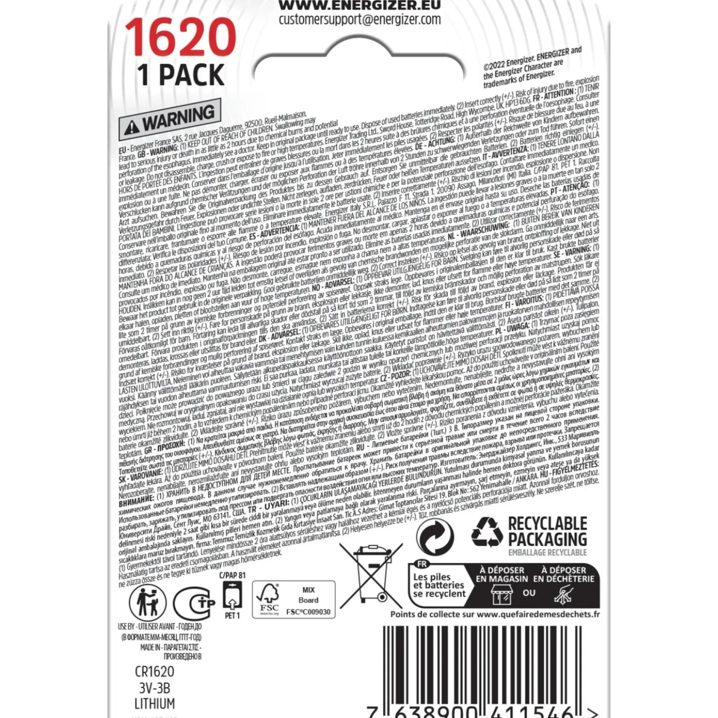 Batteria a bottone Energizer LITIO CR1620 1 pz