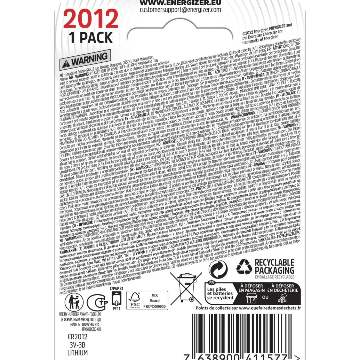 Batteria a bottone Energizer Litio CR2012 1 pz