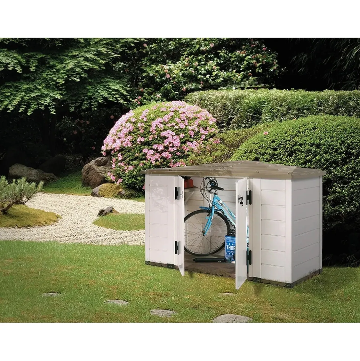 Box da giardino in PVC porta bici EVO 200 bianco/tortora 212x88x133 cm