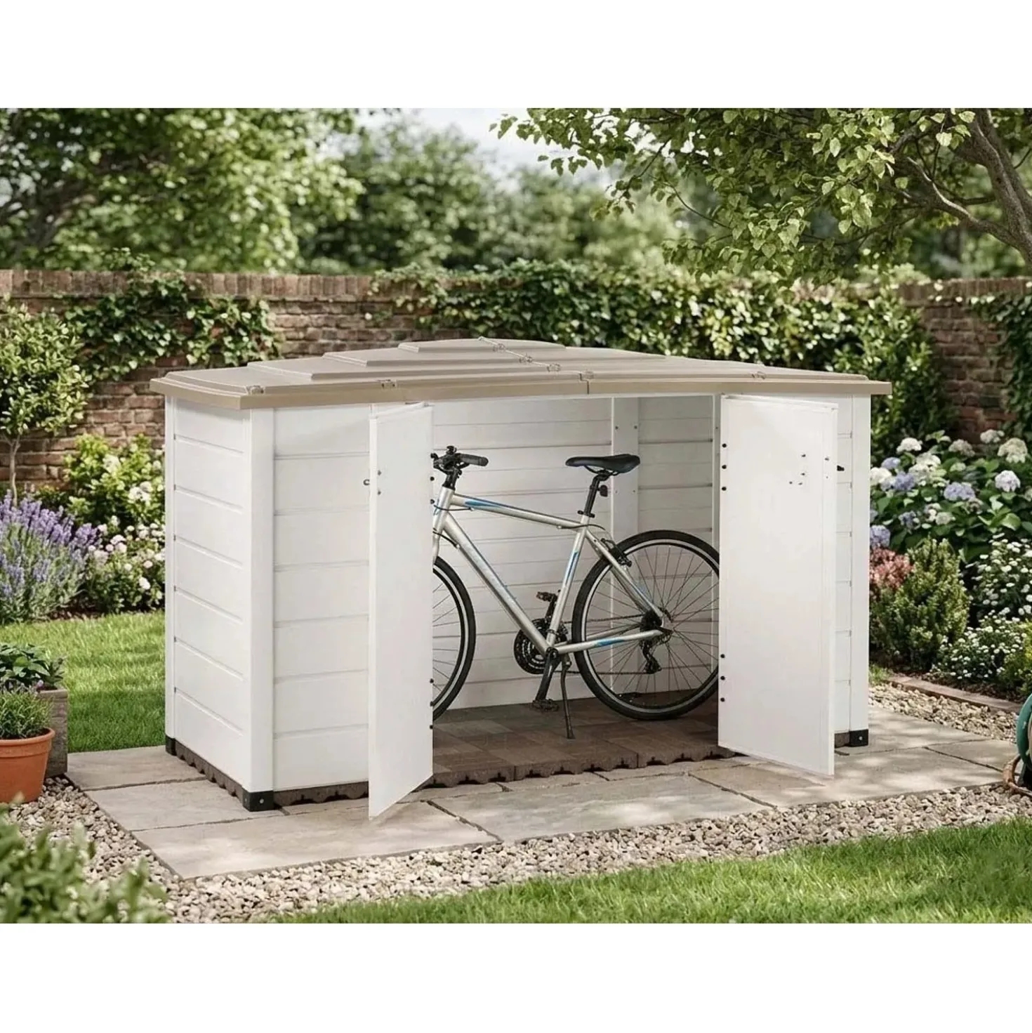 Box da giardino in PVC porta bici EVO 200 bianco/tortora 212x88x133 cm