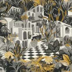 Carta da parati non tessuta Tropical House Paesaggio nero opaco