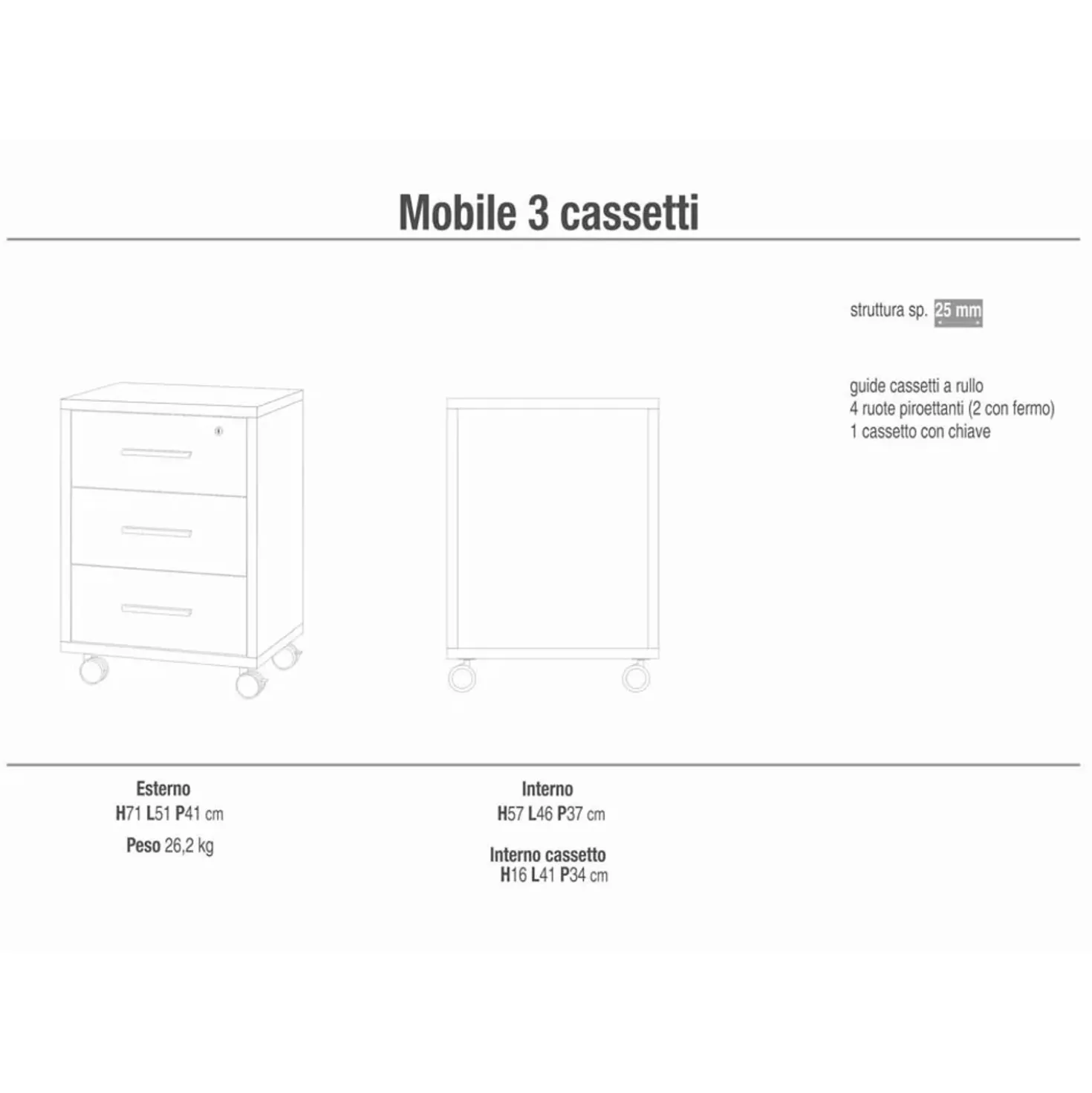 Cassettiera ufficio 3 cassetti 41x51x71 cm noce stelvio/ossido bianco