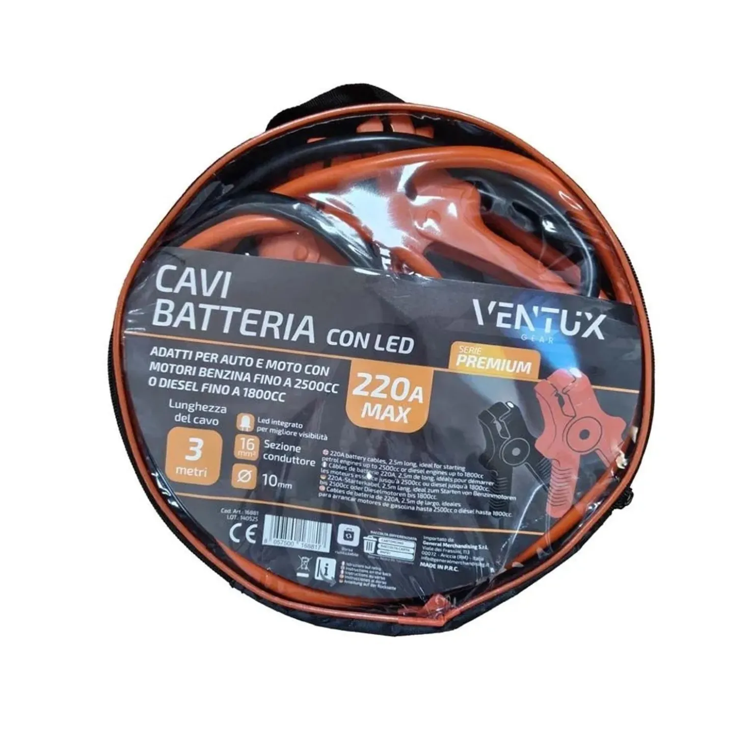 Cavi avviamento batteria Ventux 220A con LED 3 m
