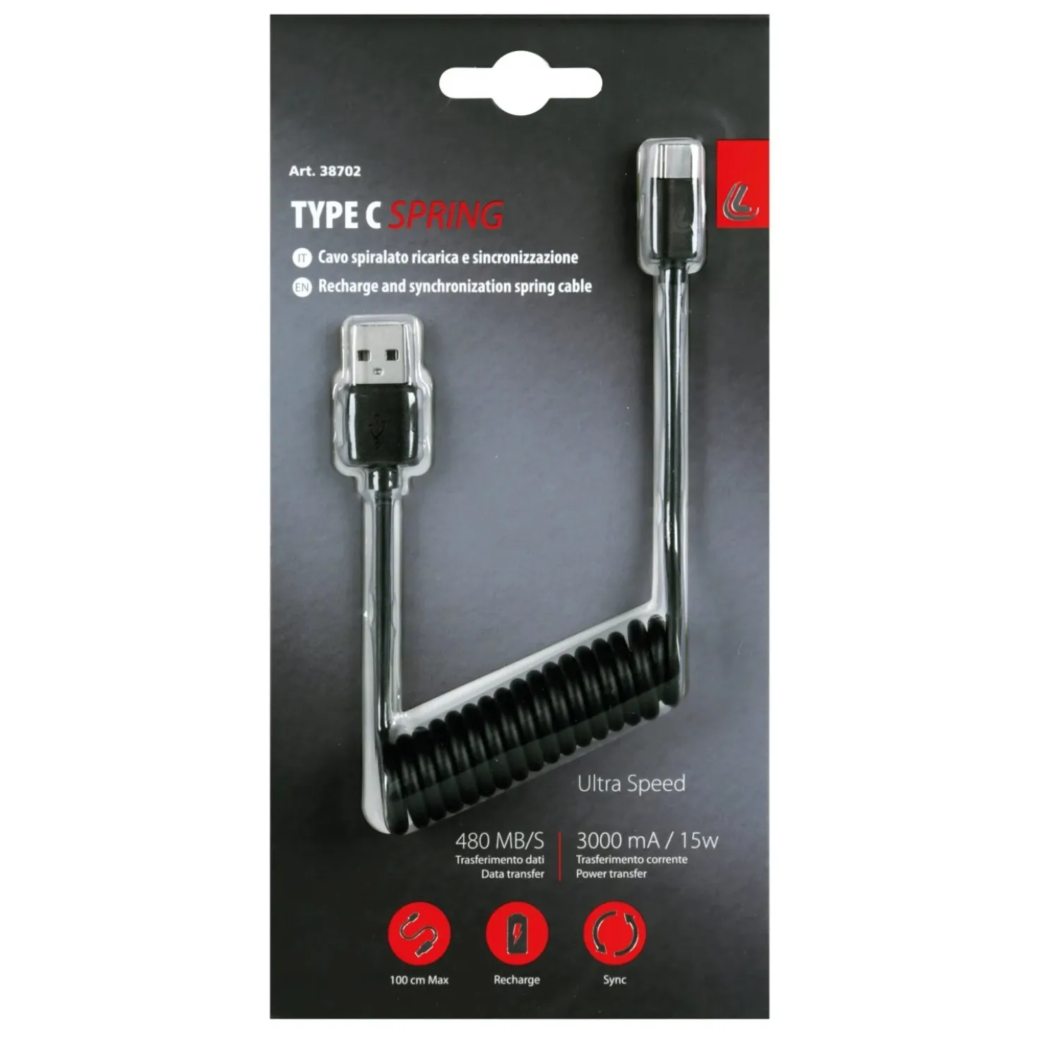 Cavo da Usb a Usb Type-C a spirale 100 cm nero