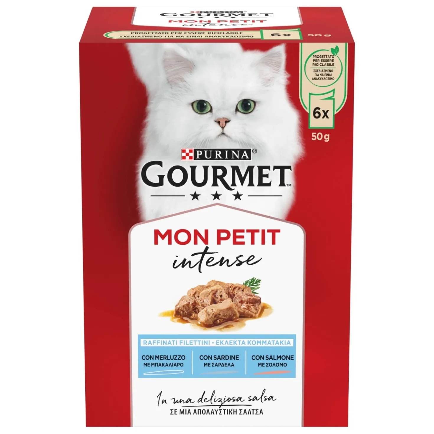 Cibo umido per gatti Purina Gourmet Mon Petit Merluzzo, Sardina e Salmone 6x50 g