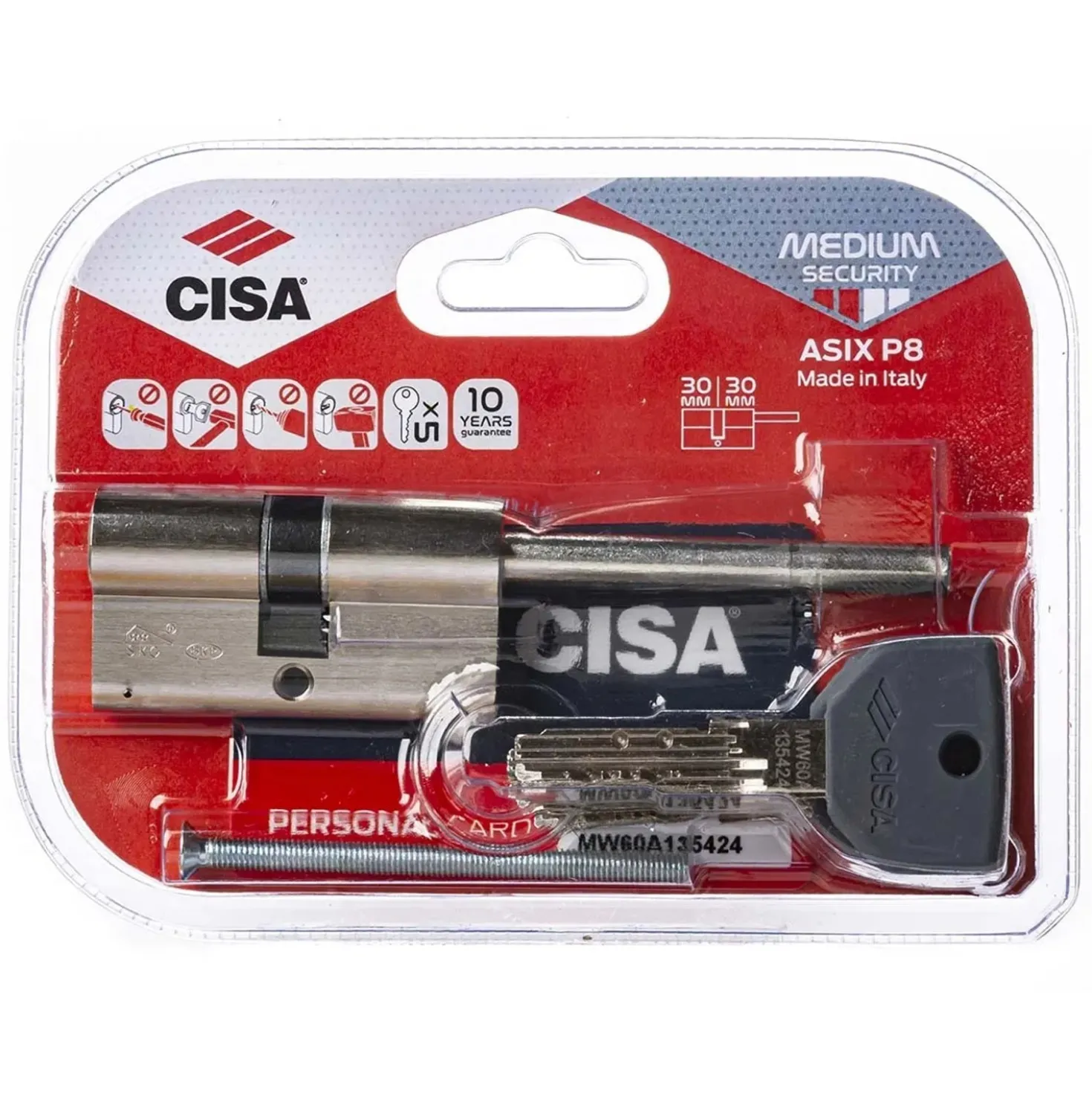 Cilindro europeo di sicurezza con codolo Cisa Asix P8 misura 30/50 mm