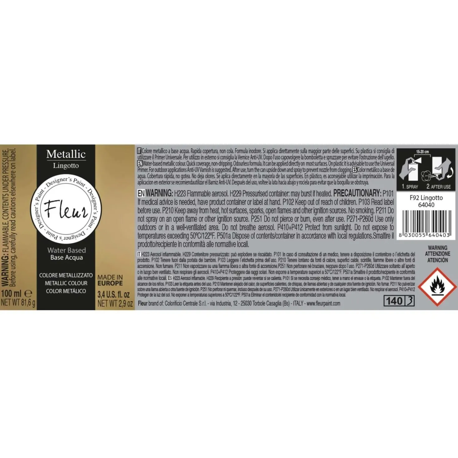 Colore metallizzato spray Fleur F92 Lingotto 100 ml