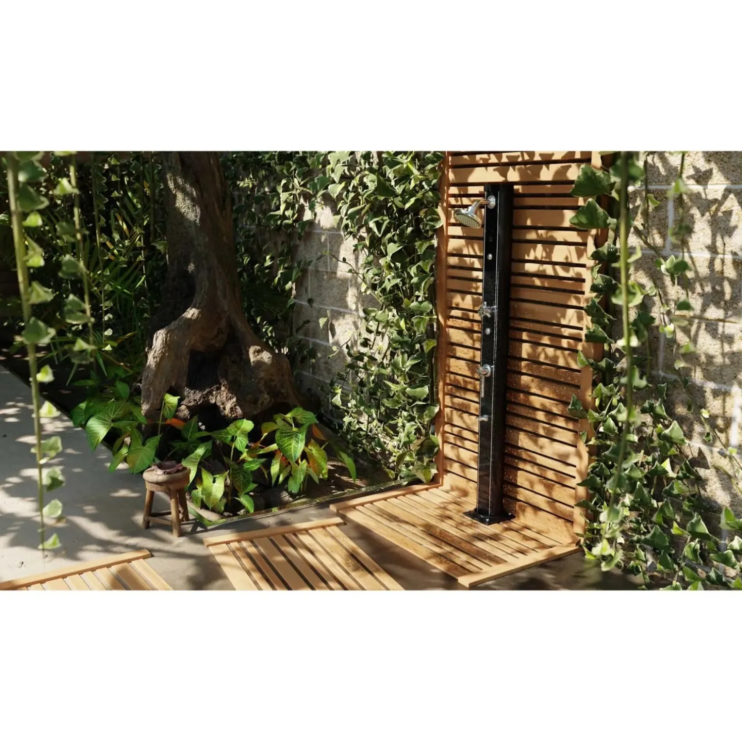 Doccia da giardino solare in alluminio nero 32 l con rubinetto lavapiedi