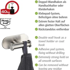 Gancio adesivo a muro Wenko Turbo-Loc Duo Orea acciaio inox opaco