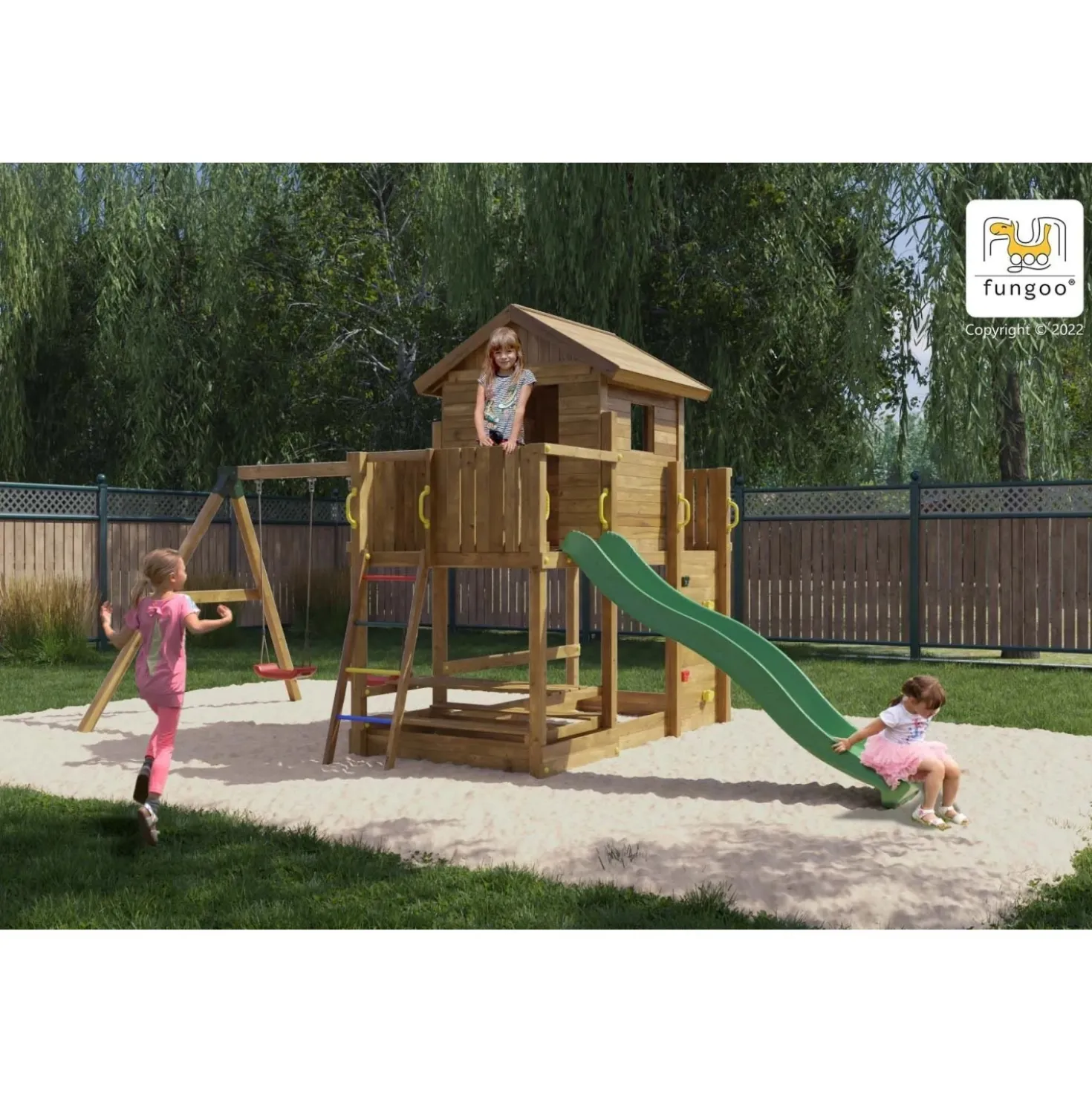 Gioco da giardino Floppi con scivolo e altalene 379x396xh262 cm