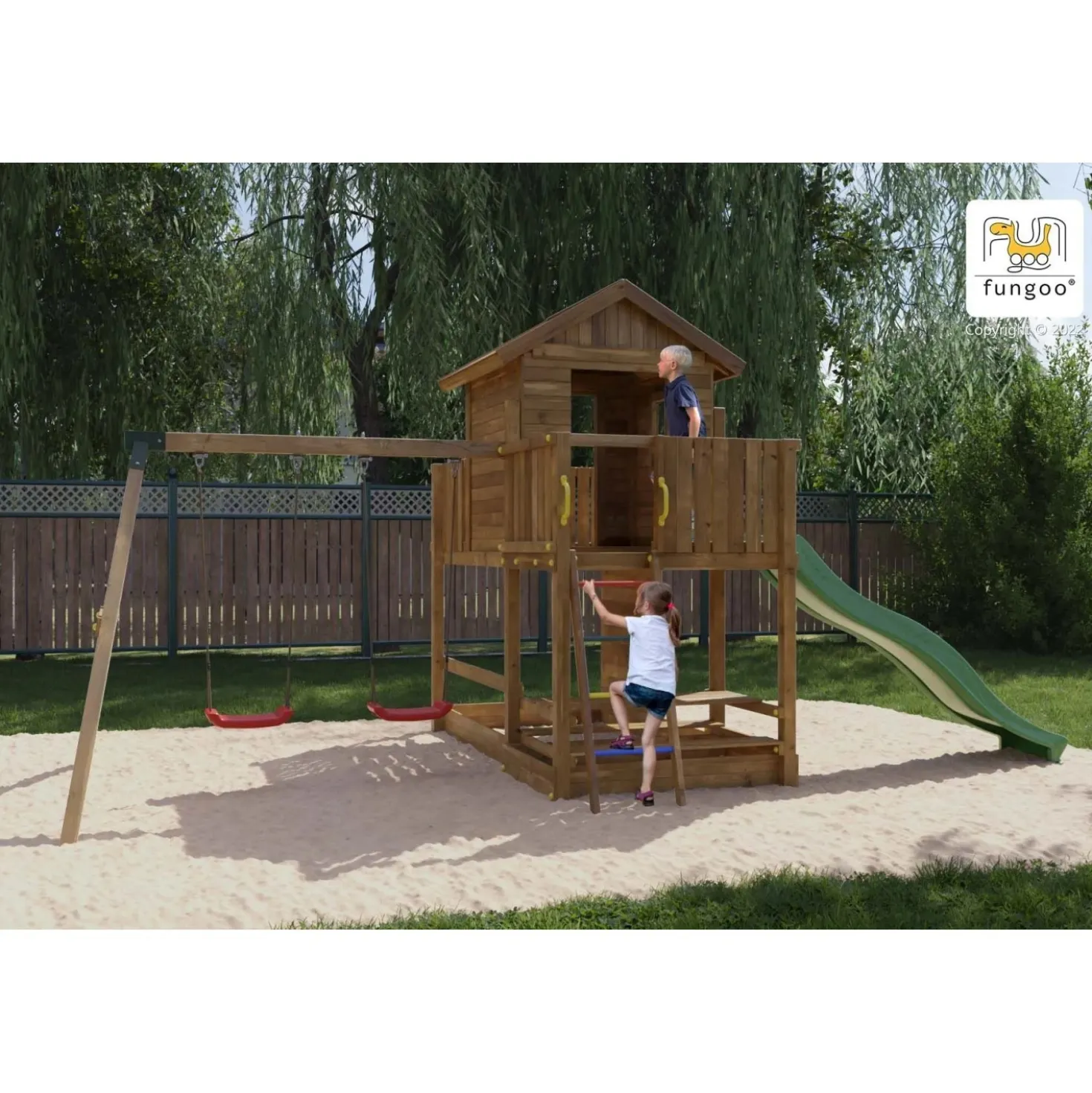 Gioco da giardino Floppi con scivolo e altalene 379x396xh262 cm