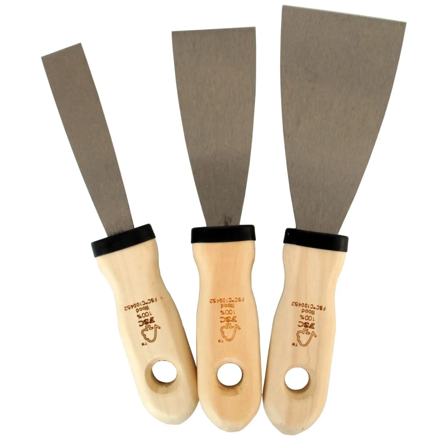 Kit 3 spatole stucco in acciaio con manico legno da 20 - 40 - 60 mm
