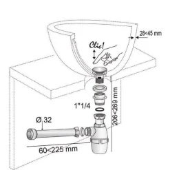Kit sifone per lavabo con doppio tappo d 32 cm cromato e nero