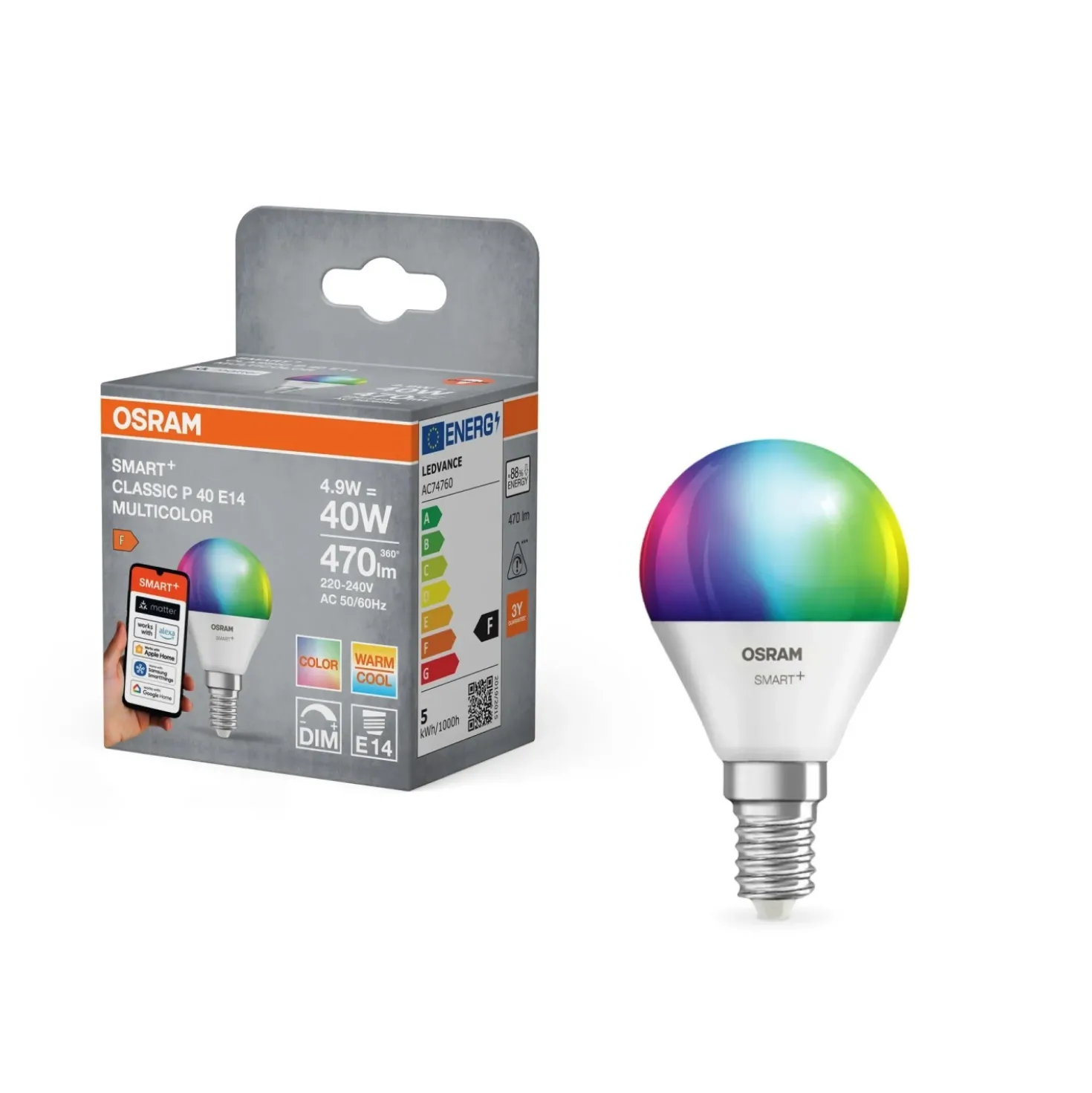 Lampadina a goccia LED E14 Osram P40 RGBW 4,9 W 470 lm 9,2x4,7 cm