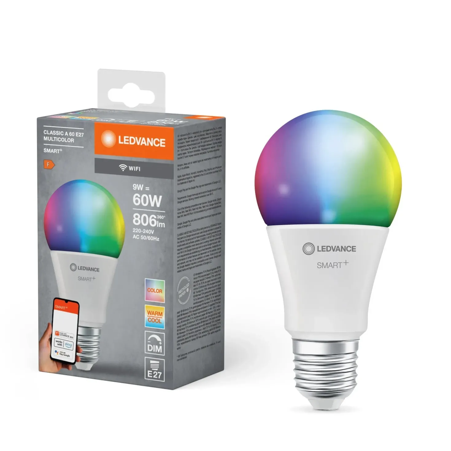 Lampadina LED a goccia Ledvance Smart Home WiFi RGBW E27 2700-6500 K 60 W 806 lm