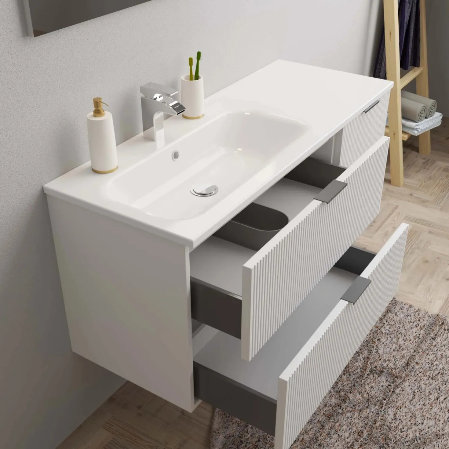 Lavabo da incasso con vasca a sinistra 121x46 cm (80+40) mineral bianco
