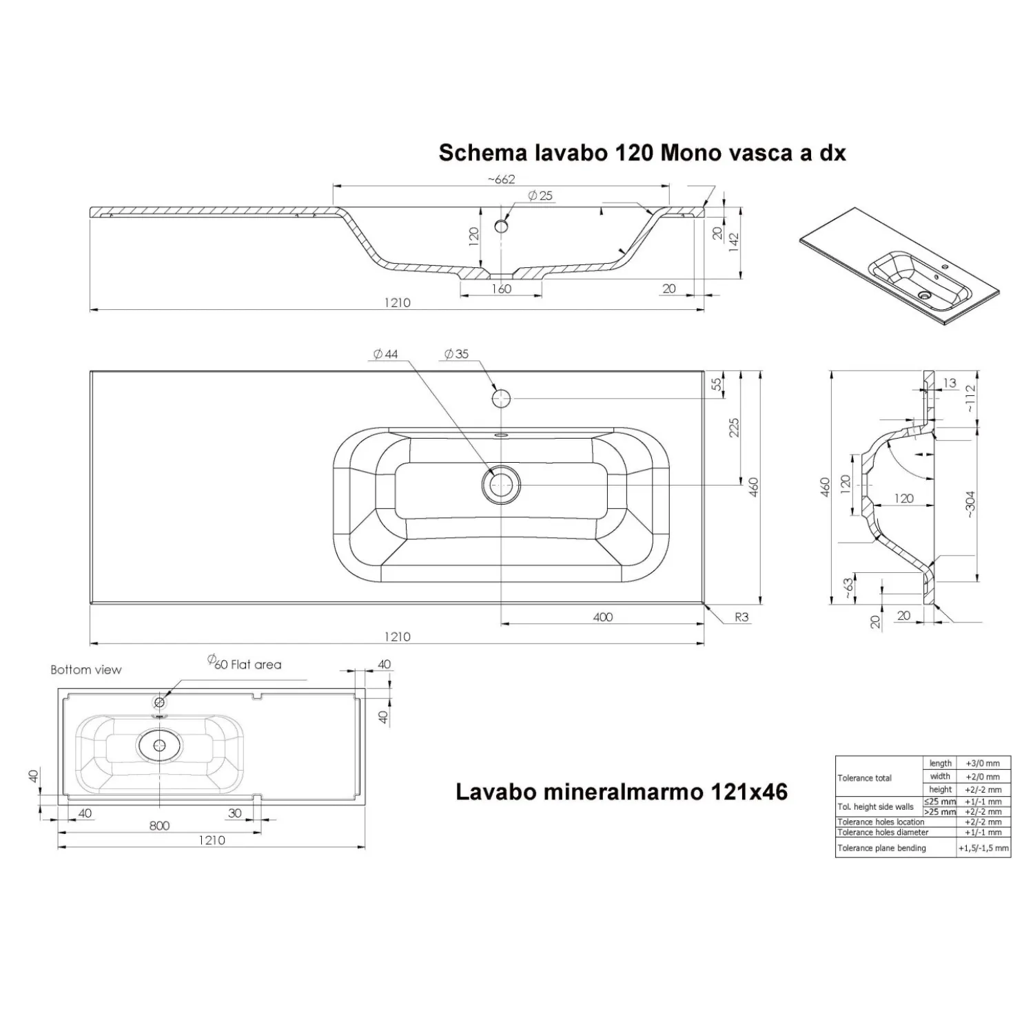 Lavabo da incasso con vasca a destra 121x46 cm (40+80) mineral bianco