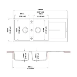 Lavello da incasso in quarzo 2 vasche 116x50 cm nero