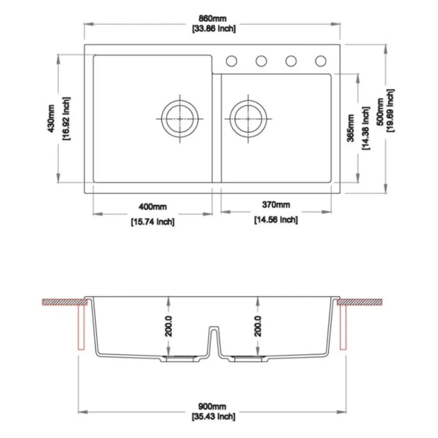 Lavello da incasso in quarzo 2 vasche 86x50 cm grigio