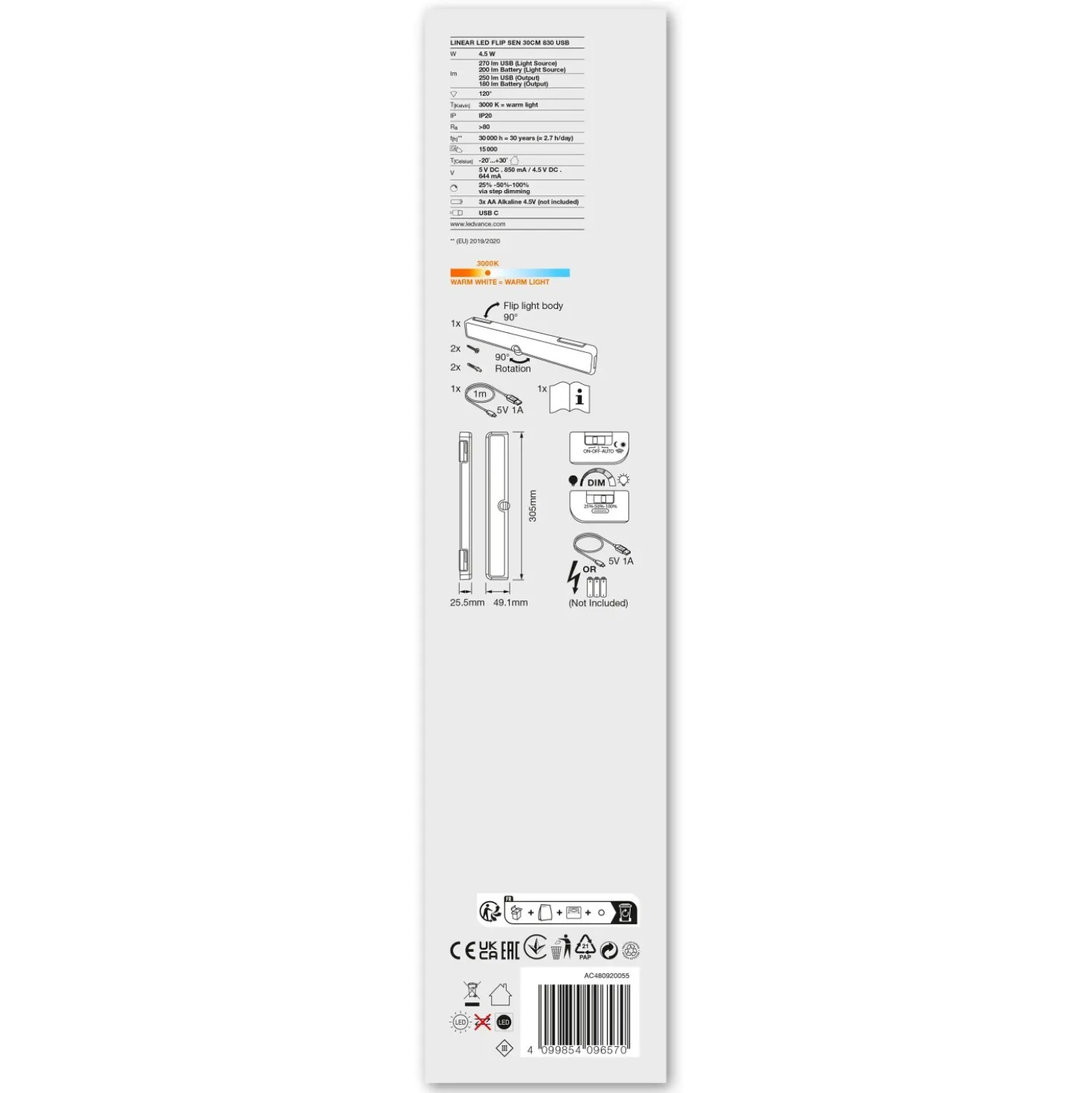 LED sottopensile cucina Ledvance Linear led flip sensor orientabile 4,5 W 270 lm