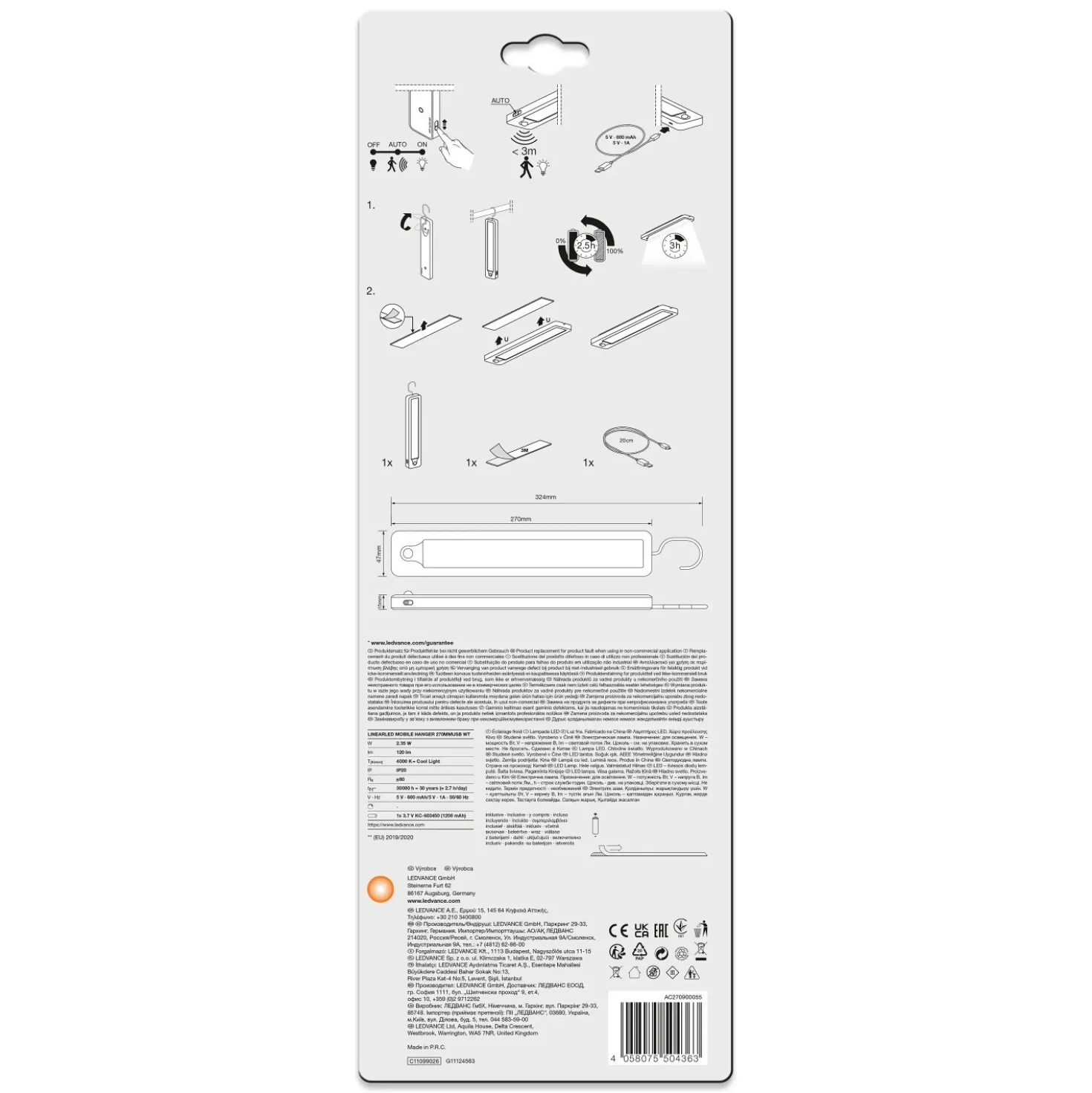 Luce LED da armadio Ledvance Linear Hanger USB 2,35 W 120 lm 4000 K