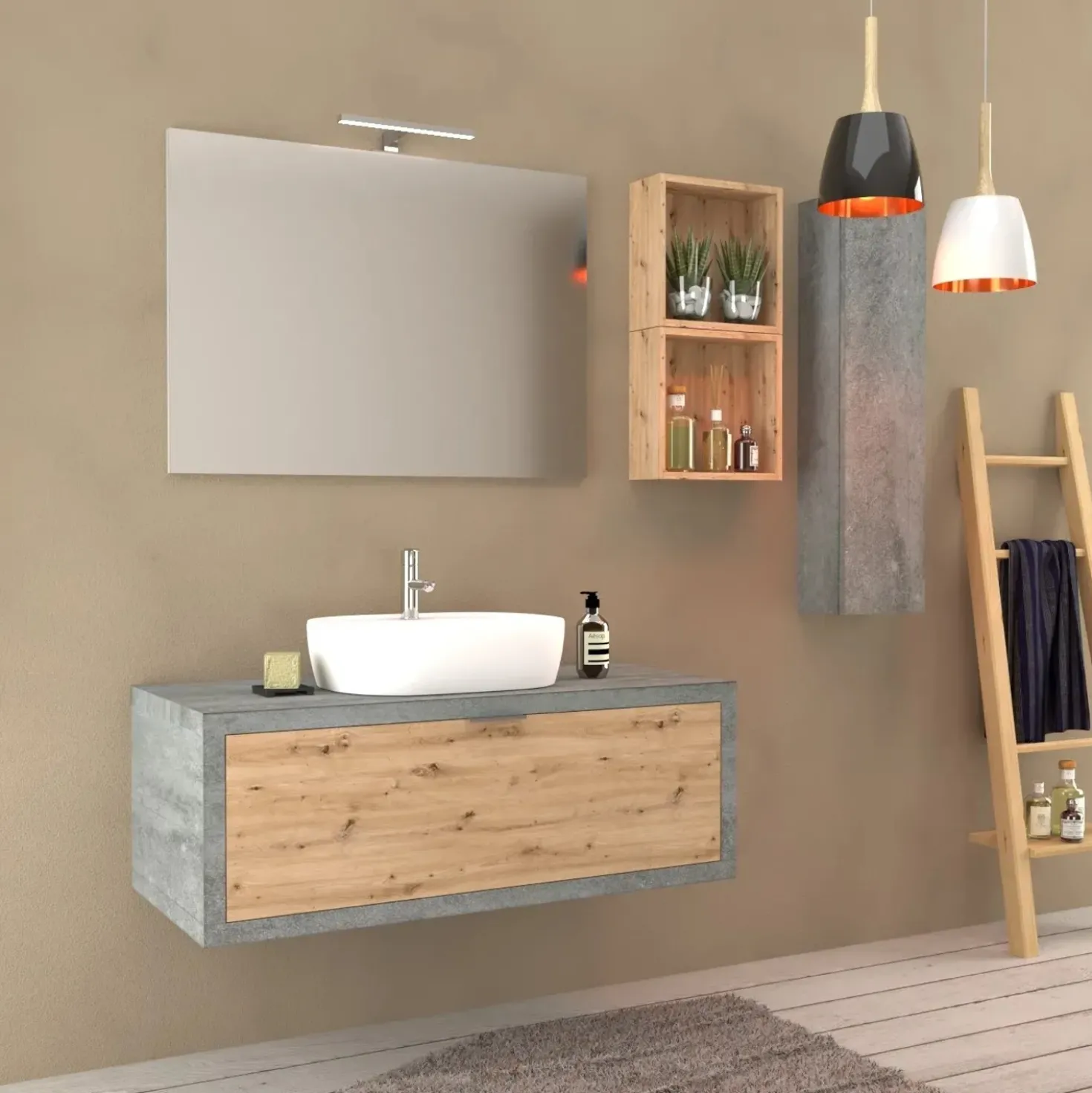 Mobile bagno base lavabo sospeso 110 cm cemento/rovere