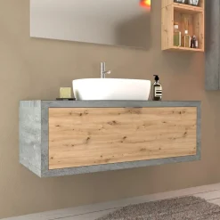 Mobile bagno base lavabo sospeso 110 cm cemento/rovere