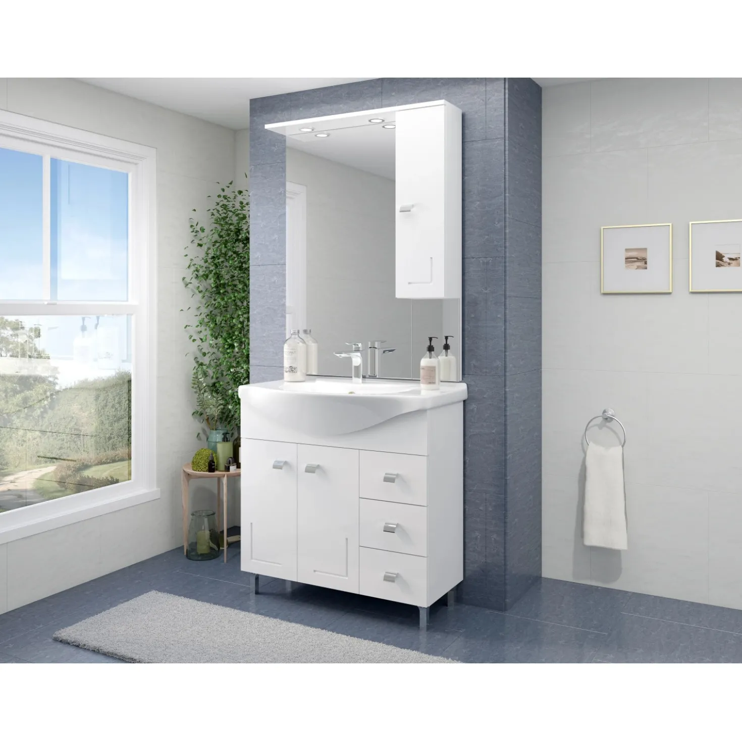 Mobile bagno base lavabo a terra con specchio Isa L 85 cm bianco