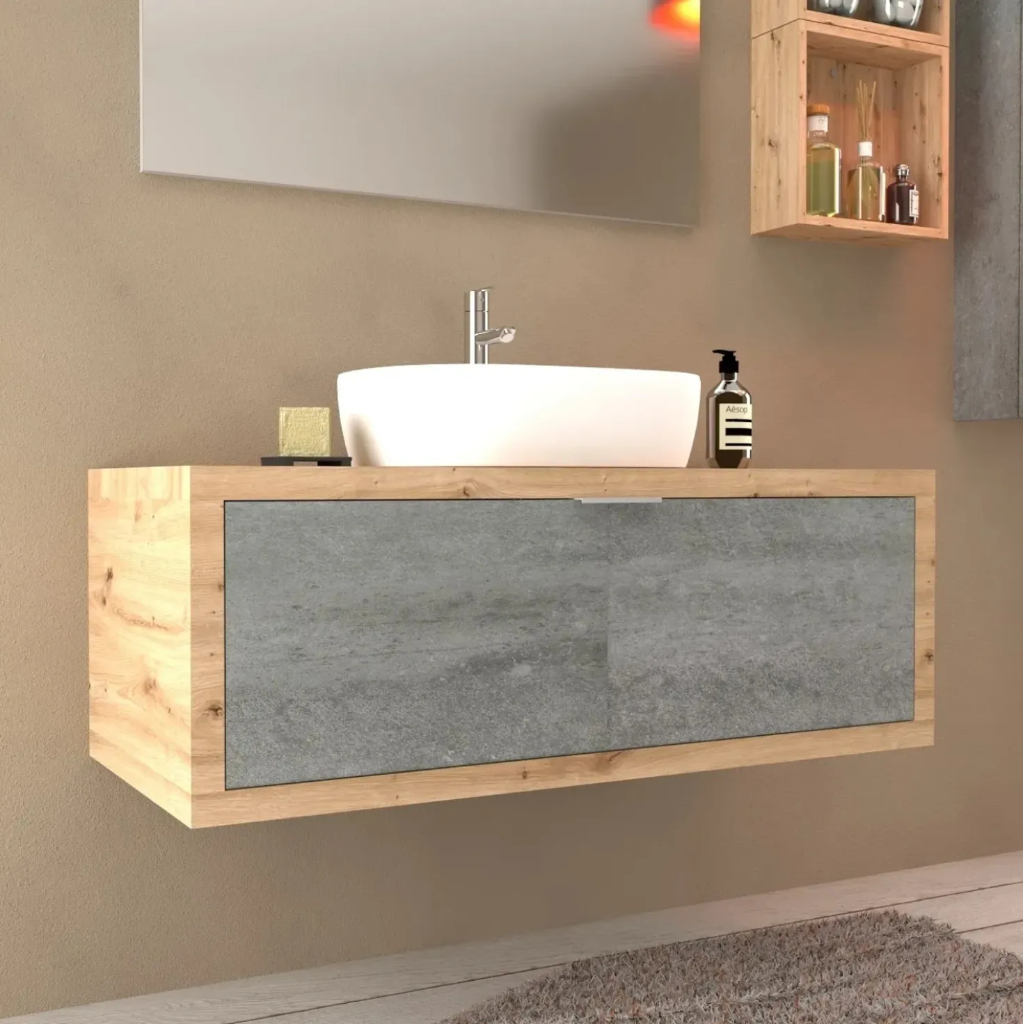 Mobile bagno base lavabo sospeso 110 cm rovere/cemento
