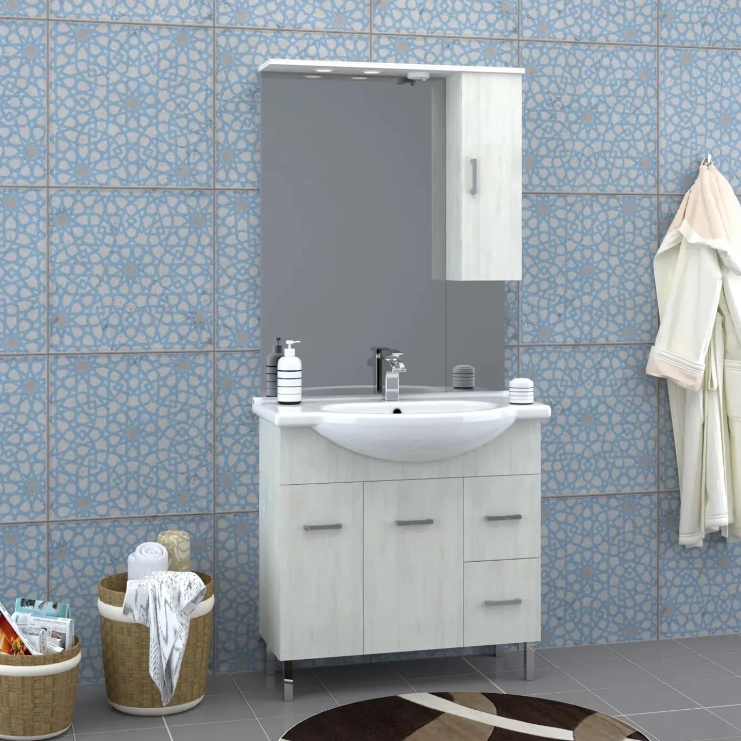 Mobile bagno base lavabo a terra Orphea 85 cm bianco larice con pensile