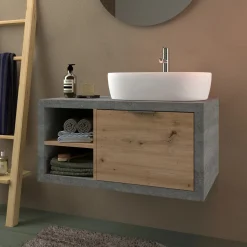 Mobile bagno base lavabo sospeso 80 cm cemento/rovere sx