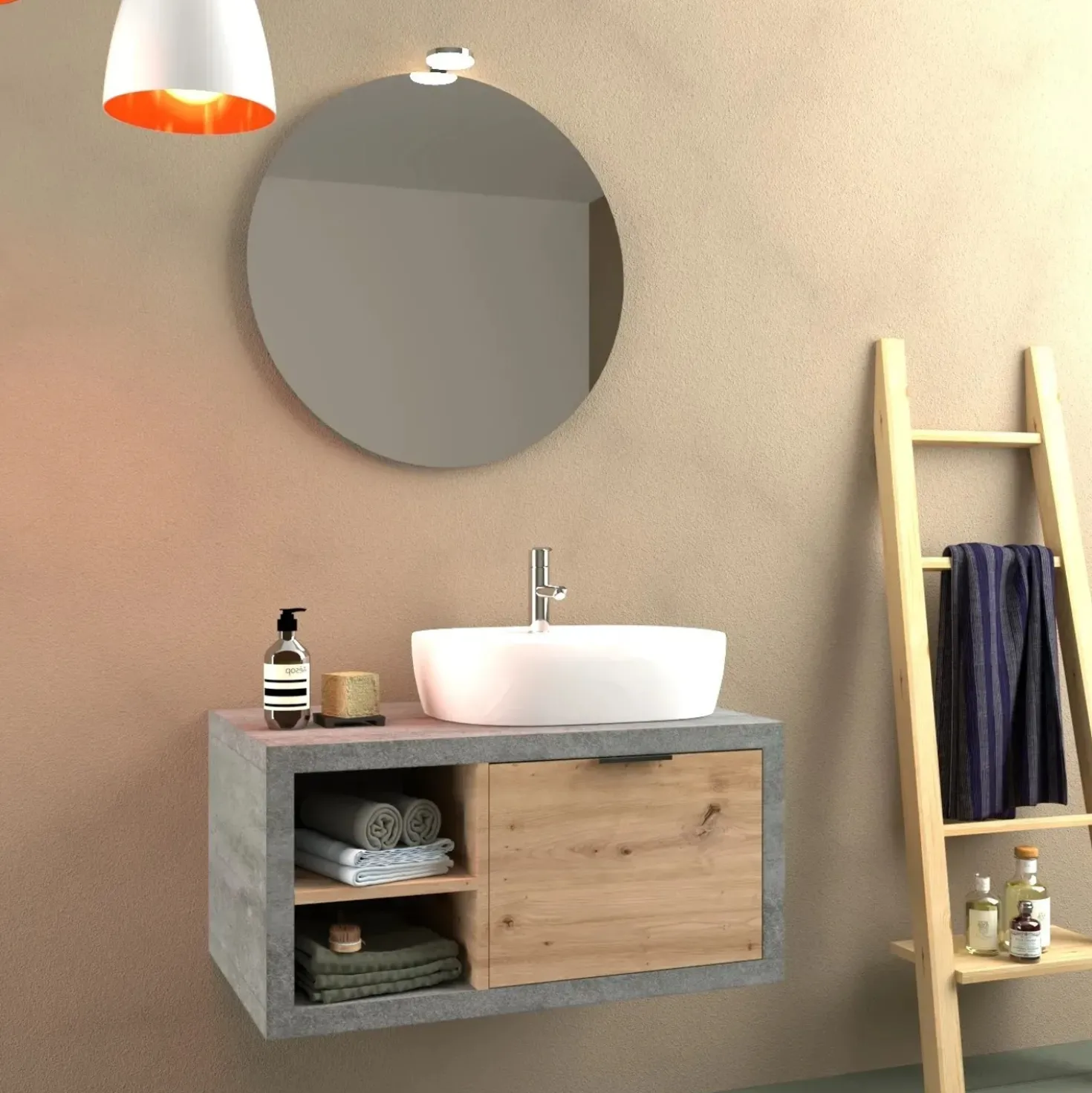 Mobile bagno base lavabo sospeso 80 cm cemento/rovere sx
