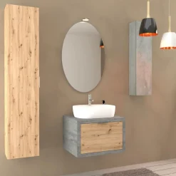 Mobile bagno base lavabo sospeso 60 cm cemento/rovere nodato