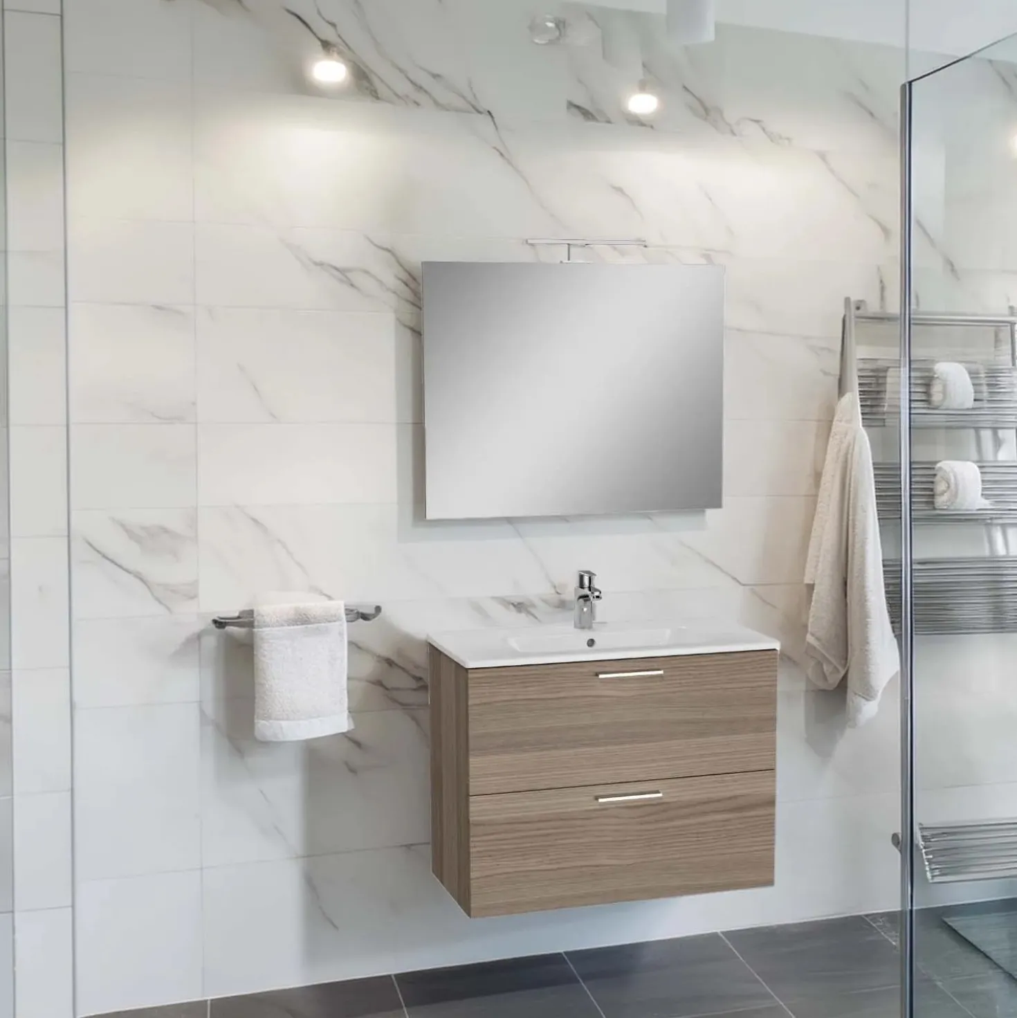 Mobile bagno con lavabo e specchio LED sospeso Stella 80x66x42 cm cordoba