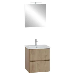 Mobile bagno lavabo+specchio LED sospeso 2 cassetti Mia Plus 60 cm golden oak