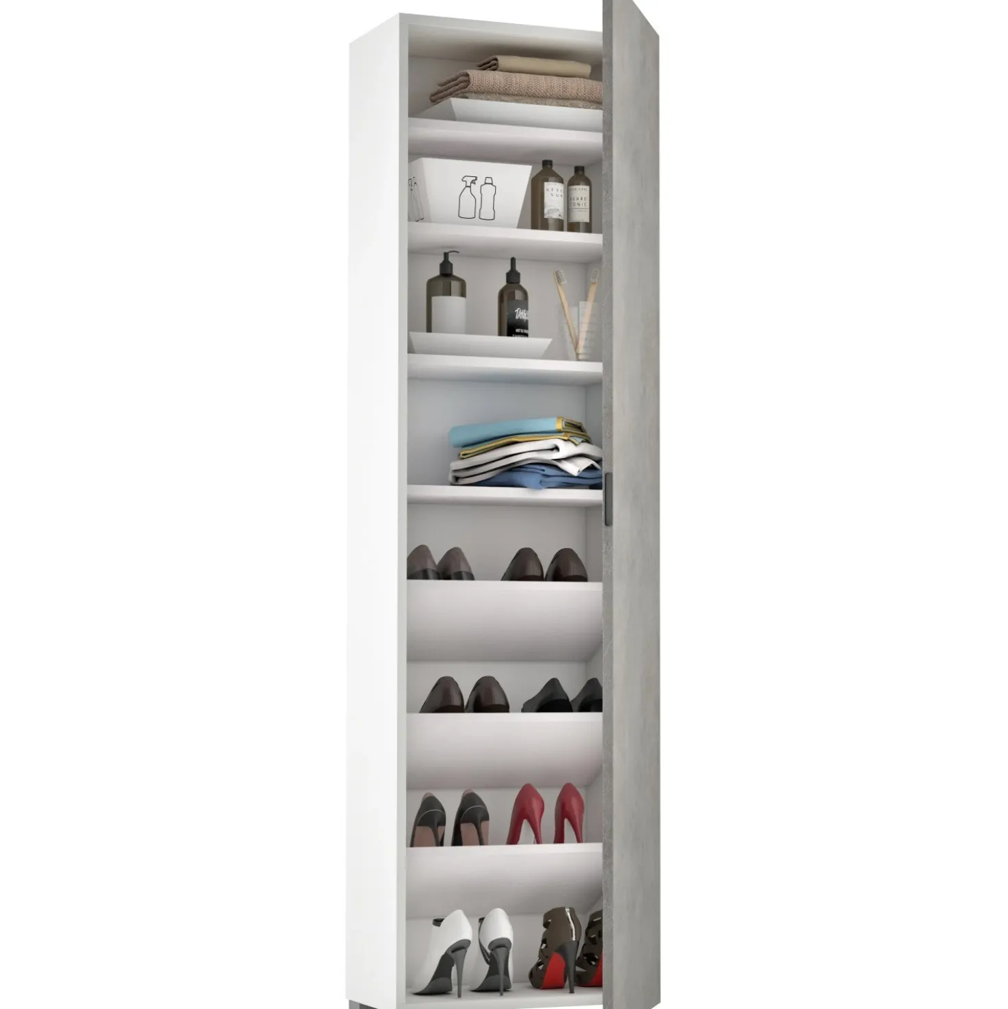 Mobile multiuso a un`anta con 7 ripiani 50x30x182 cm cemento e bianco