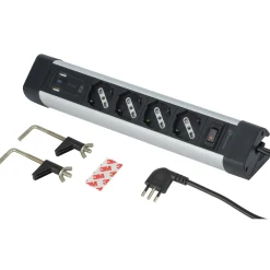 Multipresa scriv. Alu, 4 prese P40, 2 USB-A, USB-C PD 20W, 3G1, 2m. Nero