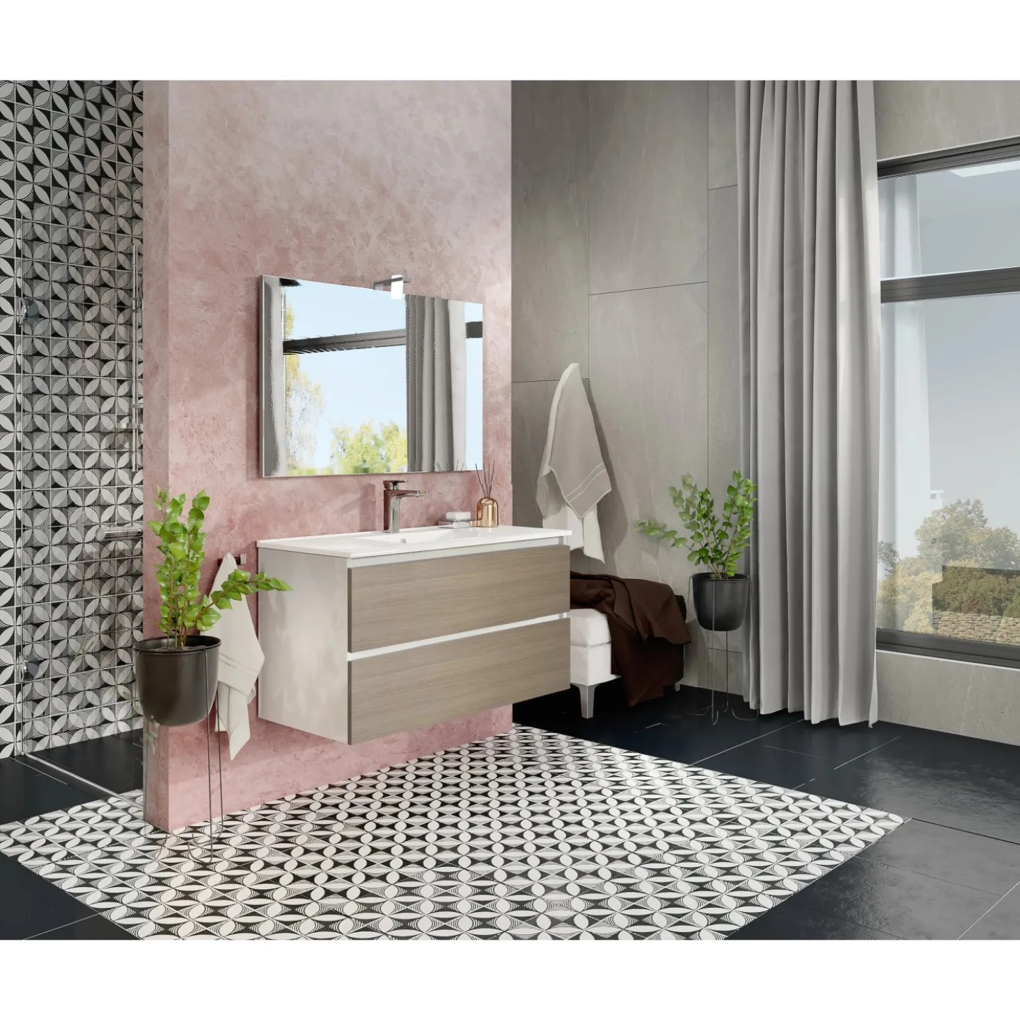 Pensile bagno Cube rovere fumo con lavabo e specchio 100 cm