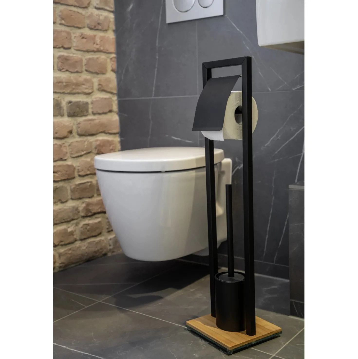Piantana portarotolo e portascopino bagno Bambusa H 72,5 cm nero