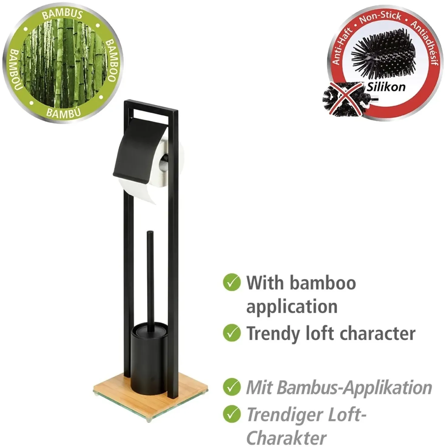 Piantana portarotolo e portascopino bagno Bambusa H 72,5 cm nero