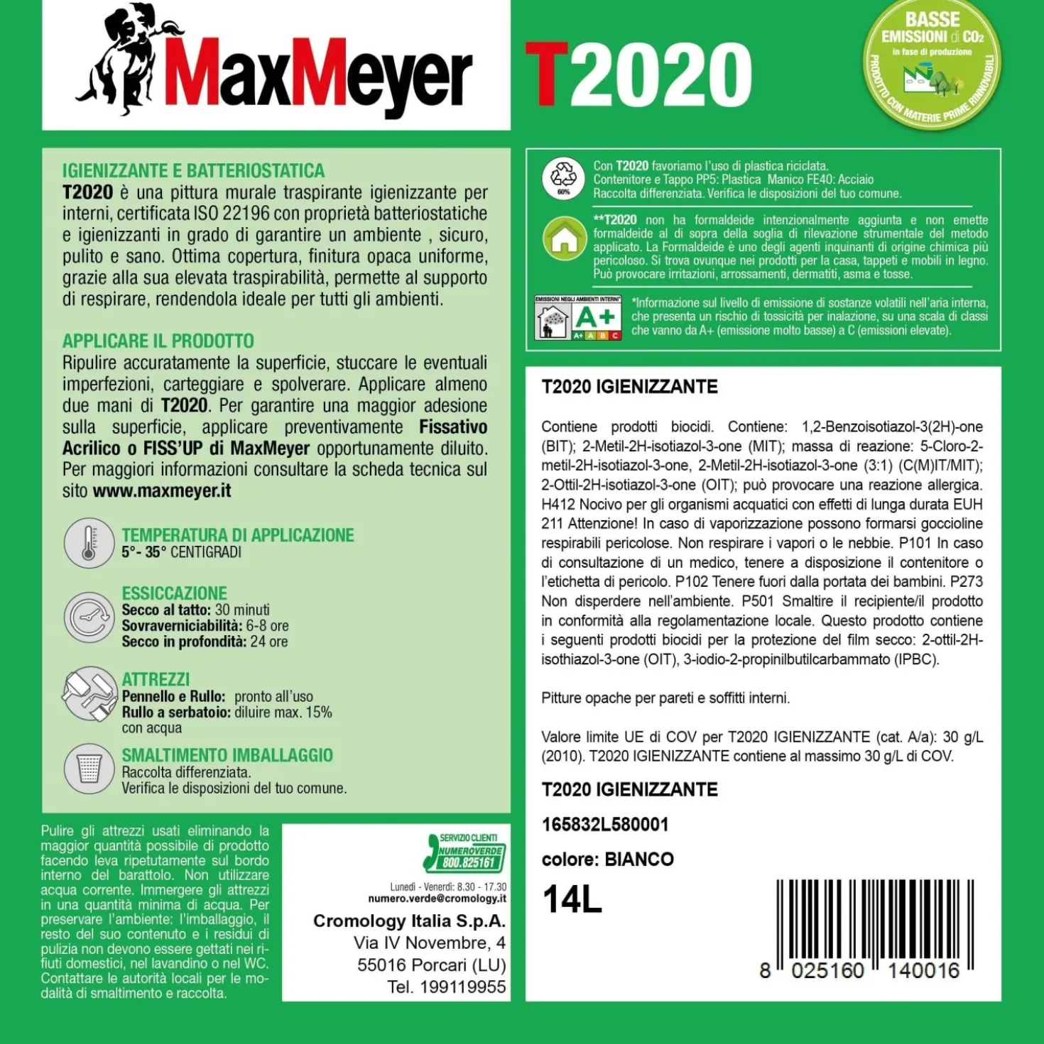 Pittura murale traspirante igienizzante T2020 bmb bianco 14 l