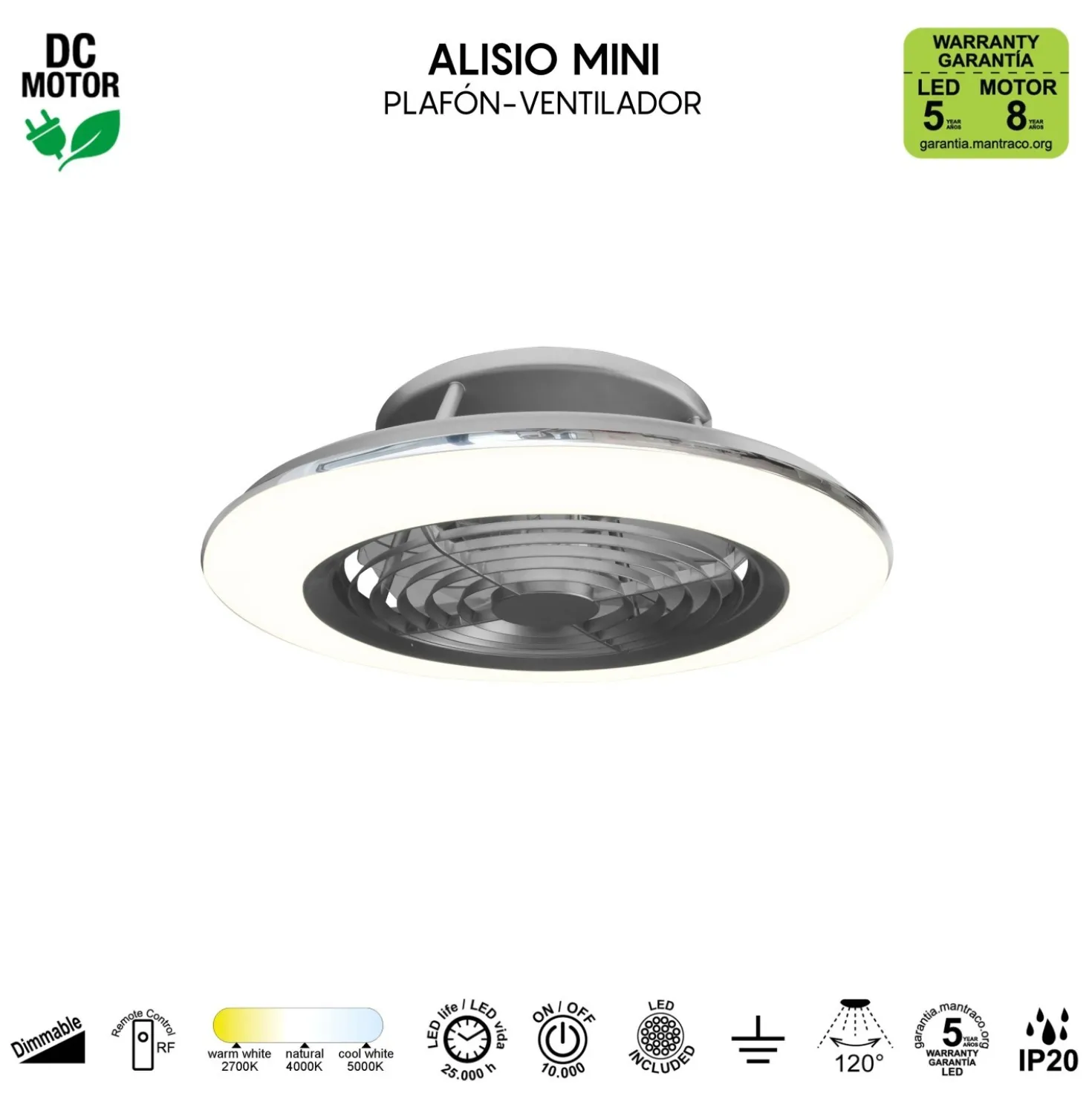 Plafoniera LED Alisio Mini 70W ventilatore motore DC 30W luce regolabile argento