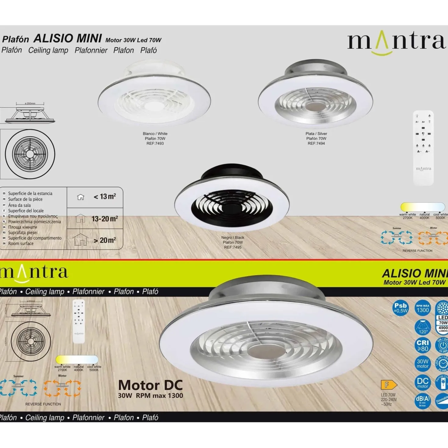 Plafoniera LED Alisio Mini 70W ventilatore motore DC 30W luce regolabile argento
