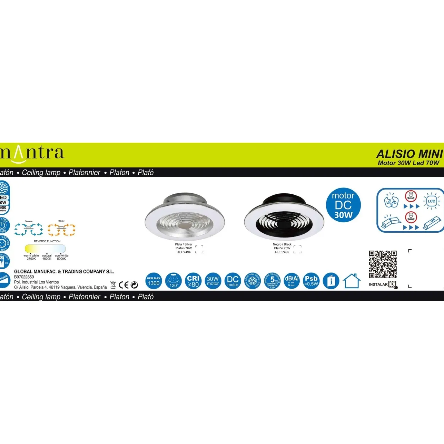 Plafoniera LED Alisio Mini 70W ventilatore motore DC 30W luce regolabile argento