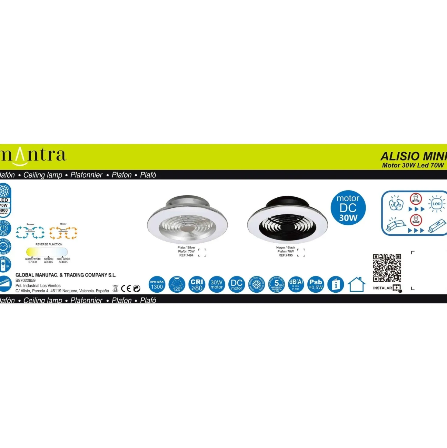 Plafoniera LED Alisio Mini 70W ventilatore motore DC 30W luce regolabile argento