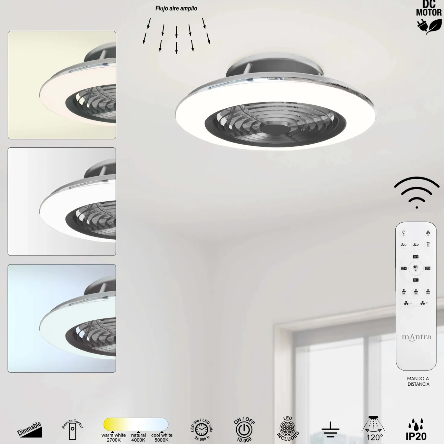 Plafoniera LED Alisio Mini 70W ventilatore motore DC 30W luce regolabile argento