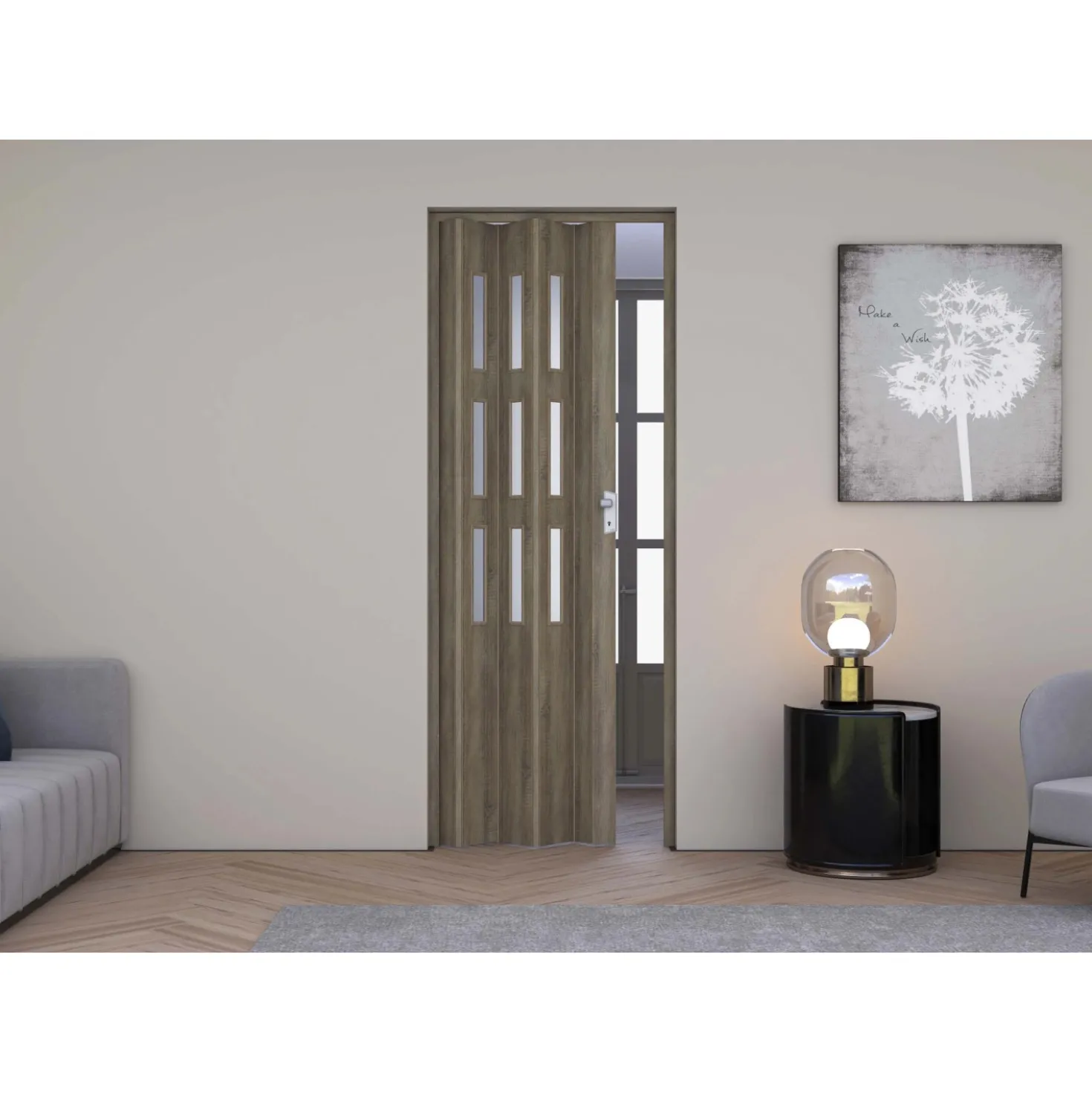 Porta a soffietto Maya Vetrata in PVC stampa 3D 83,5x214 cm rovere Cognac scuro